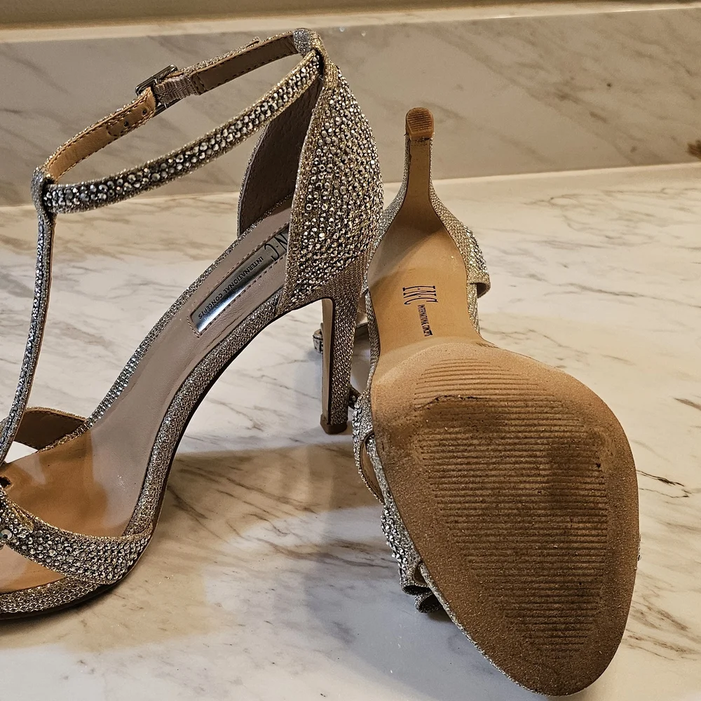 INC International Concepts Gold T-Strap Embellished Heels